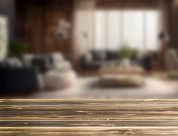Tischplatte Oder Theke Aus Holz Mit Displayprodukt Unschärfe Des Wohnzimmers — Stockfoto
