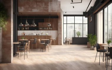 Modern kahve dükkanı ve restoran ya da mutfak odası iç tasarımı. İç mimari kavramı 3D Render