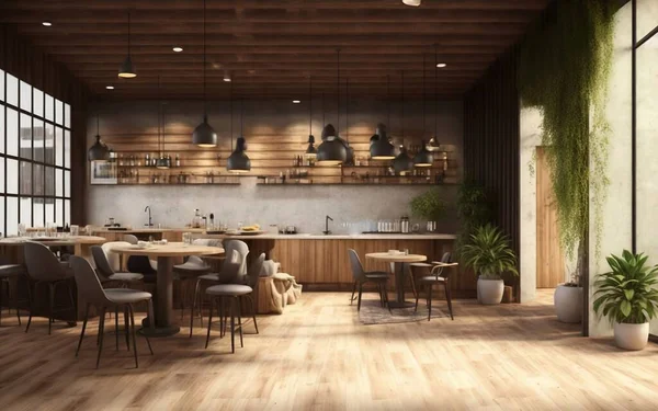 Modern Kahve Dükkanı Restoran Mutfak Odası Tasarımı Mimari Kavramı Render — Stok fotoğraf