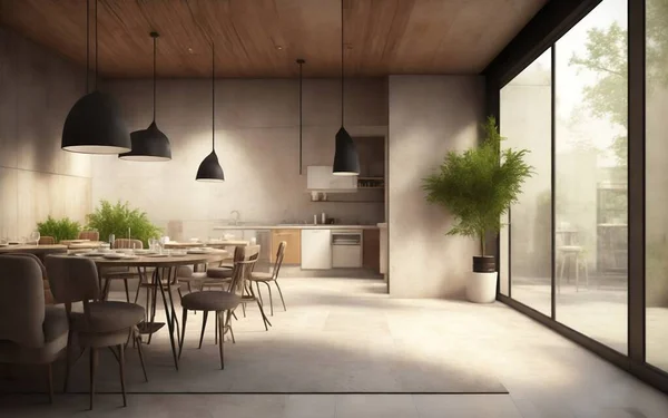 モダンなコーヒーショップとレストランやキッチンルームのインテリアデザイン インターレイの背景コンセプト 3Dレンダー ストックフォト