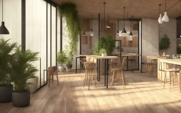 Modern Kahve Dükkanı Restoran Mutfak Odası Tasarımı Mimari Kavramı Render Telifsiz Stok Fotoğraflar
