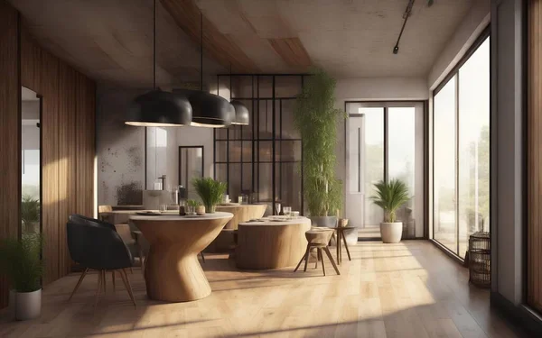 Modern Kahve Dükkanı Restoran Mutfak Odası Tasarımı Mimari Kavramı Render Telifsiz Stok Imajlar