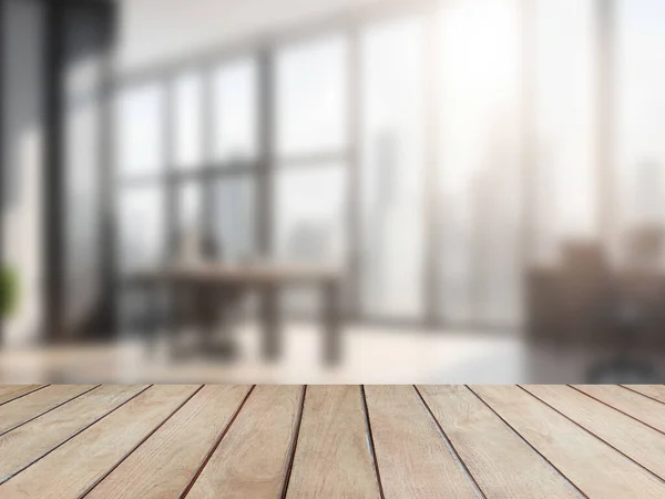 Wood tabletop or counter with display product. Blur image of office or meeting room, blur background concept for use.