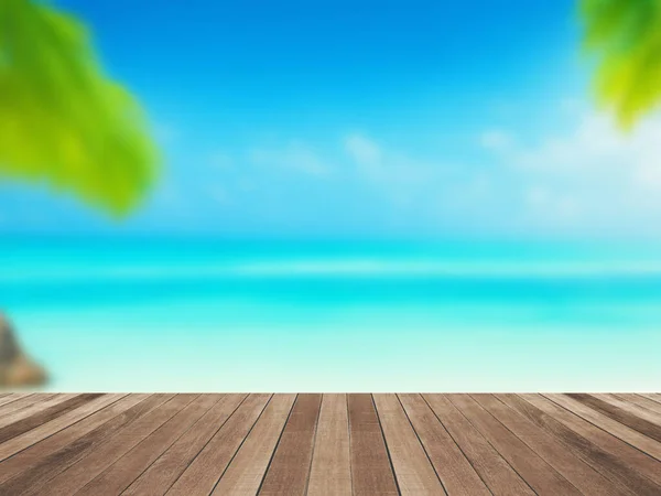 表示プロダクトが付いている木製のタブレットかカウンター トロピカルビーチの輝かしいイメージ 使用のためのぼやけた背景の概念 ストック写真