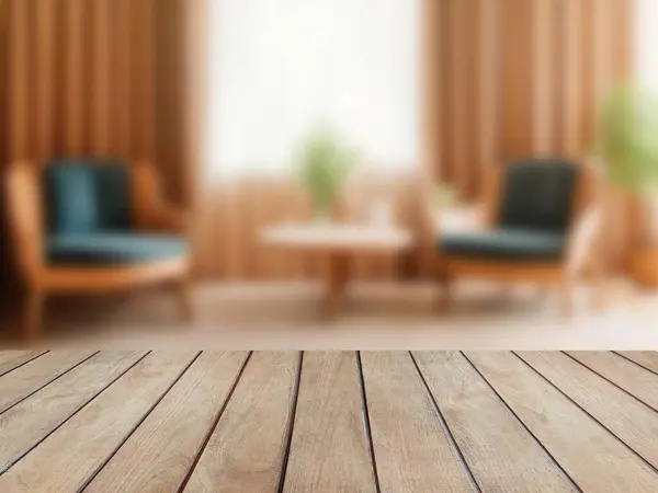Wood tabletop or counter with display product. Blur image of living room, blur interior background concept for use.