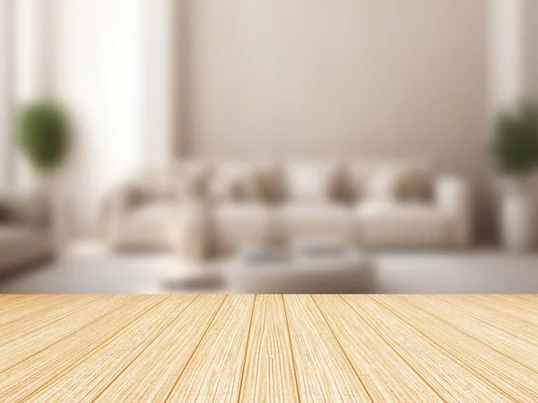 Wood tabletop or counter with display product. Blur image of living room, blur interior background concept for use.