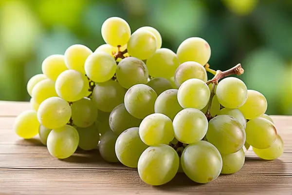 Green grapes on wooden table, green grapes with sunlight, sweet green grapes on wood background.