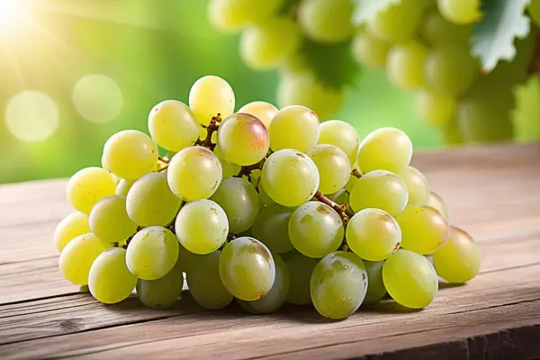 Green grapes on wooden table, green grapes with sunlight, sweet green grapes on wood background.