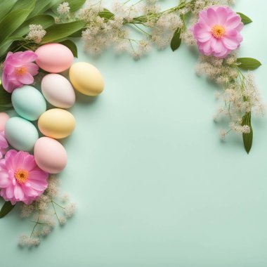 Pastel paskalya yumurtaları pastel renkli arka planda kır çiçekleri.