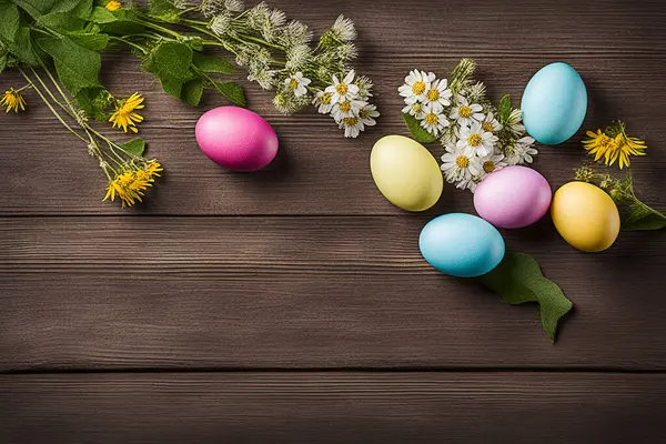 Velikonoční Vajíčka Divokou Květinou Pozadí Dřevěného Stolu Stock Fotografie