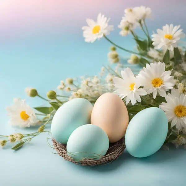 Huevos Pascua Pasteles Con Flor Silvestre Sobre Fondo Color Pastel Fotos De Stock Sin Royalties Gratis