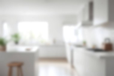 Mutfak odasının arka plan kullanımı için yumuşak ışığı olan soyut bulanık görüntüsü. Görüntü iç plan konsepti. beyaz ton.