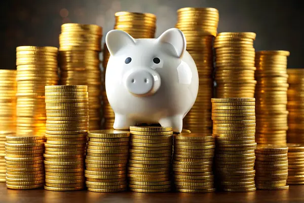 stock image Piggy Bank and Stacks of Gold Coins.