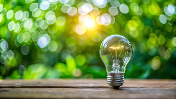 stock image Lightbulb on wooden table with green bokeh background