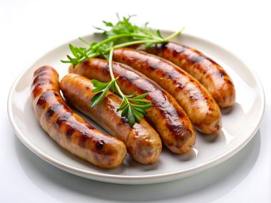 Grilled Sausages on a White Plate with Fresh Green Herbs clipart