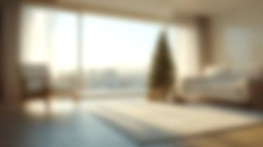 Blur modern home, living room interior background, Blurred background for use, empty open space for design, panoramic windows and beautiful light. clipart