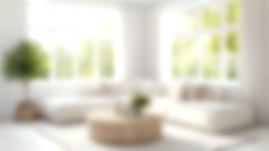 Blur modern home, living room interior background, Blurred background for use, empty open space for design, panoramic windows and beautiful light. clipart