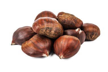 Fresh edible chestnuts on white background