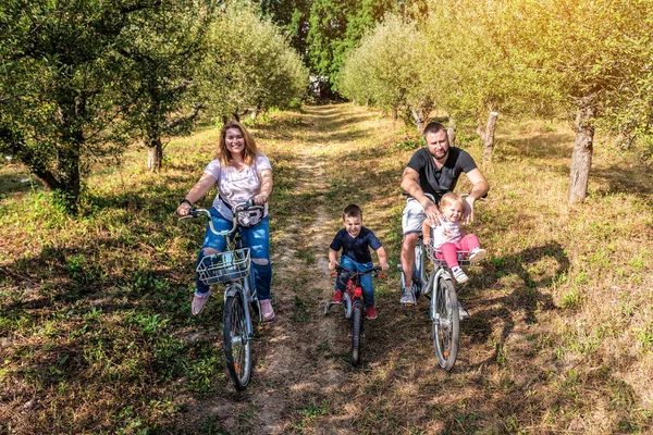 Glad Ung Familj Cyklar Parken Mor Far Dotter Och Son — Stockfoto