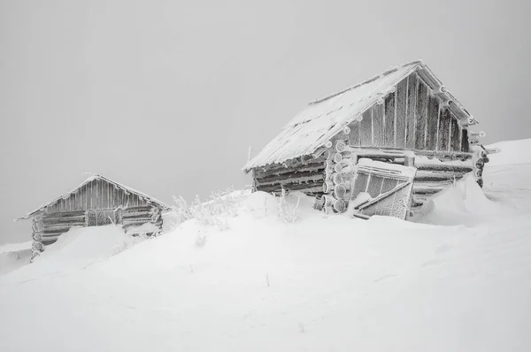 Δύο Εγκαταλελειμμένες Καλύβες Κορμών Στα Χειμερινά Ομιχλώδη Καρπάθια Βουνά Μετά — Φωτογραφία Αρχείου