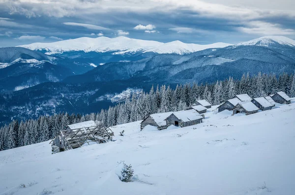 Invierno Montañas Cárpatas Cabañas Madera Tronco Abandonado Nieve Después Del —  Fotos de Stock