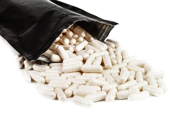 Διάσπαρτα Χάπια Κάψουλες Bcaa Ικαρνιτίνη Λευκό Φόντο — Φωτογραφία Αρχείου