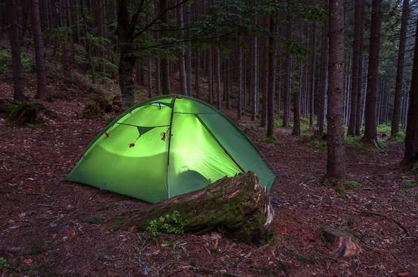 Akşam Ormanında Turist Çadırında Işık — Stok fotoğraf