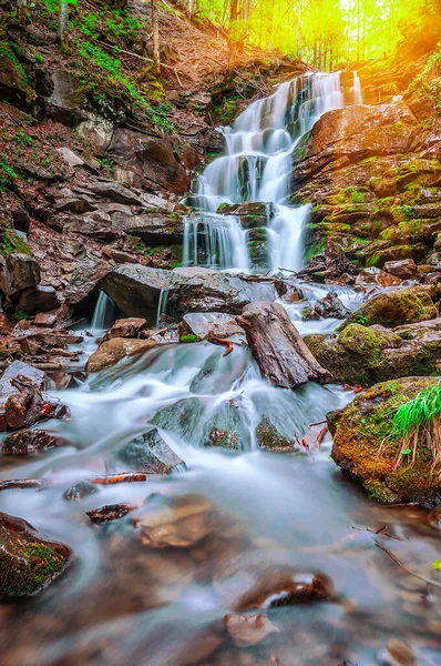 Piękny Wodospad Karpackim Lesie Wiosną Zachodzie Słońca — Zdjęcie stockowe