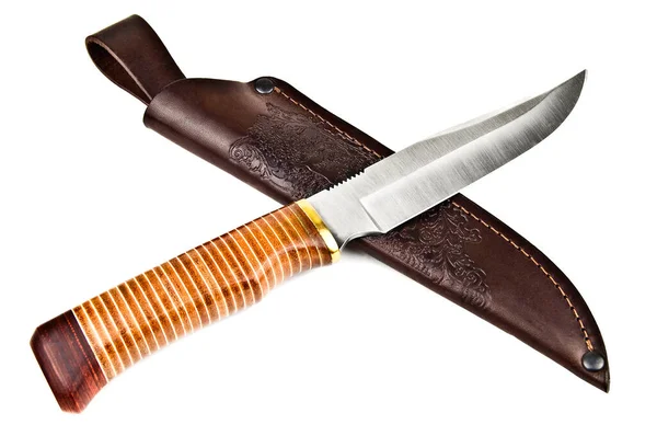 Kahverengi Deri Kaplama Beyaz Üzerine Keskin Bıçak — Stok fotoğraf