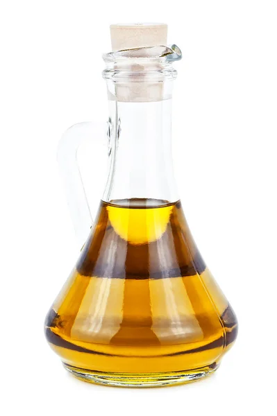 Glazen Fles Olijfolie Zonnebloemolie Witte Achtergrond — Stockfoto