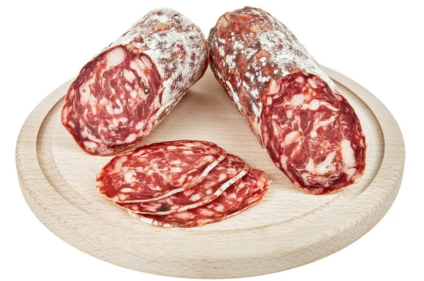 Delicious Salami Sausage Wooden Plate White Background Stock Photo