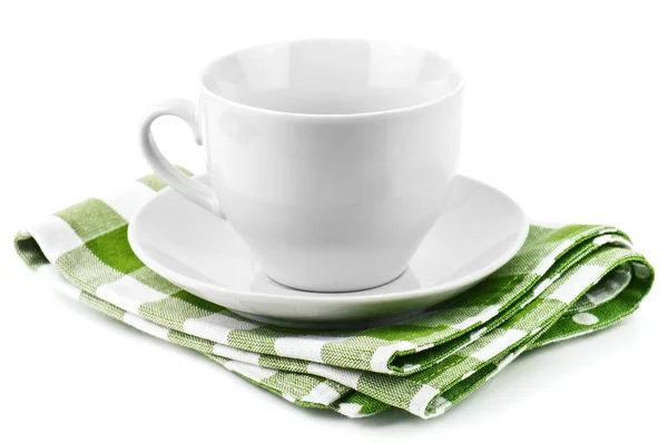 stock image Empty white cup on napkin on white background