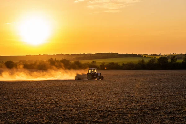 Трактор Готує Сільськогосподарські Угіддя Посадкою Наступний Рік Заході Сонця — стокове фото