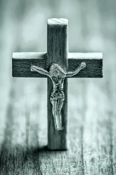 Cruz Madeira Holly Christian Com Crucifixo Tema Religião Monocromático — Fotografia de Stock