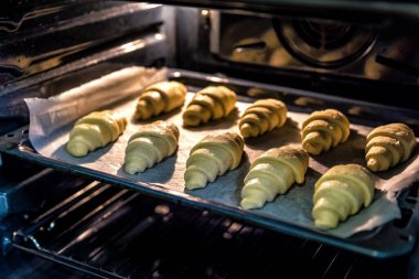 Fransız lezzetli kruvasan hamuru fırında pişirme işlemi