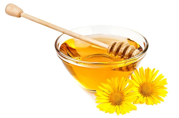 Frischer Süßer Honig Und Gelbe Blumen Auf Weißem Hintergrund — Stockfoto