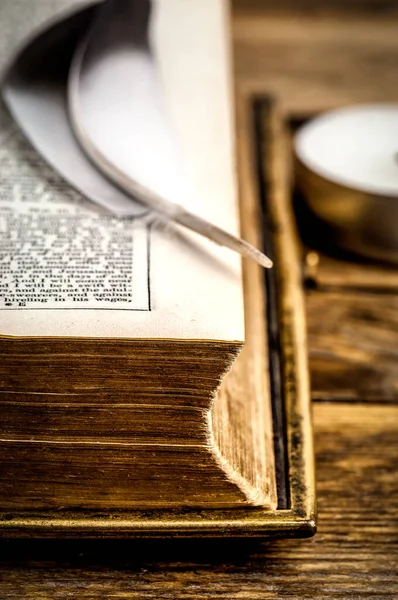 Vogelveer Oude Geopende Bijbel — Stockfoto