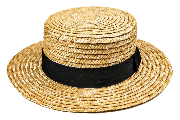 Beyaz Arkaplanda Siyah Kurdeleli Klasik Hasır Şapka — Stok fotoğraf