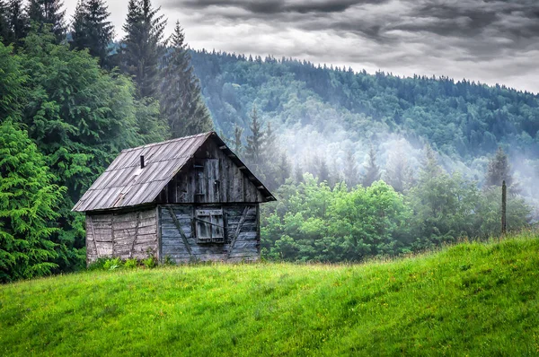 Деревянный Заброшенный Домик Дождливых Туманных Горах — стоковое фото