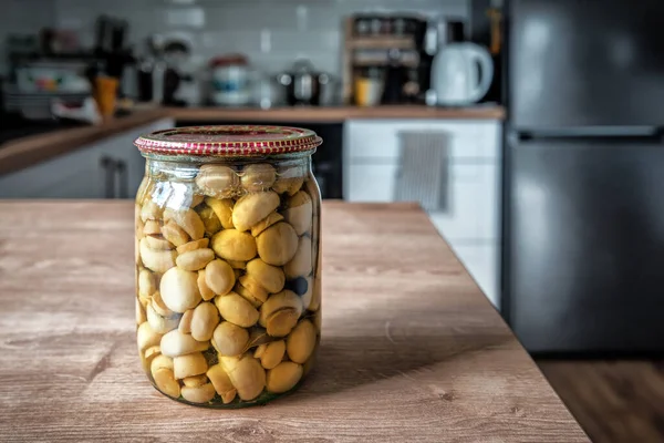 Pickled Mushrooms Glass Jar Close Marinated Mushrooms Pepper Grains Bay — Stock Photo, Image