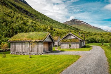 Norveç 'te yeşil çayır üzerinde çimen çatılı terk edilmiş kamaralar.