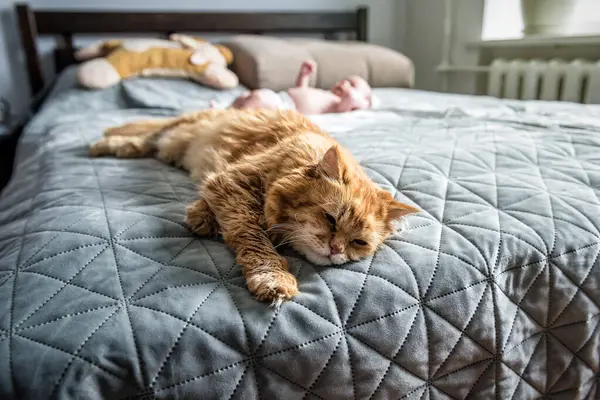 Lazy ginger cat and human baby lying on the bed