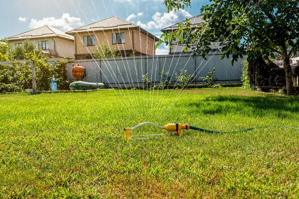 Lawn sprinkler head watering the bush and green grass in the garden in sunlight