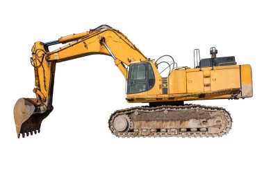 Sürüngen sarı kazıcı geniş bumlu ve beyaz arka planda izole edilmiş büyük kova. Beyaz arkaplanda izole edilmiş güçlü makine