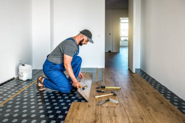 Profesyonel marangoz ustası, mavi tulumlu, vinil ya da lamine zemin kaplamasına katılıyor. Sanayi teması