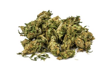 Beyaz arkaplanda izole edilmiş esrar tomurcuklarının ayrıntıları