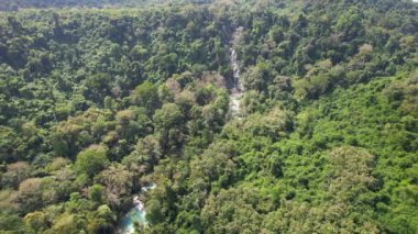 Luang Prabang, Laos, Asya 'da yağmur mevsiminde güzel doğası olan gür bir ormanda Kuang Si Şelalesi manzarası