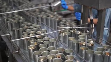 Konserve balık üretim tesisi. Endüstriyel makineler konserve fabrikasında çalışıyor..