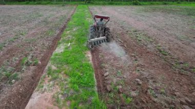 İnsansız hava aracı çiftçileri çiftçilik için tarlayı sürmek için traktör kullanıyorlar..