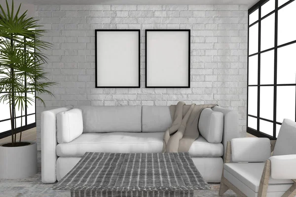 modern living room with 2 blank frames